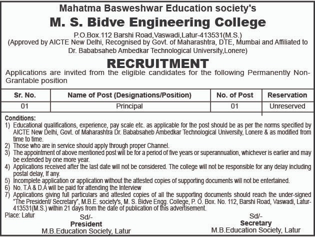 Advertisement for the post of Full time Principal