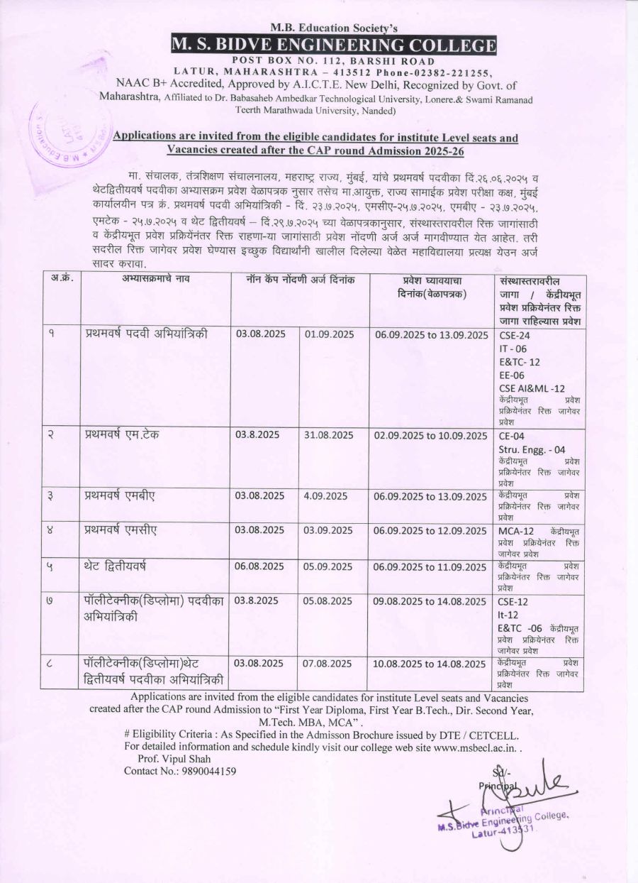 >>Advertisement for institute level seats and vacancies created after CAP round Admission 2025-26.